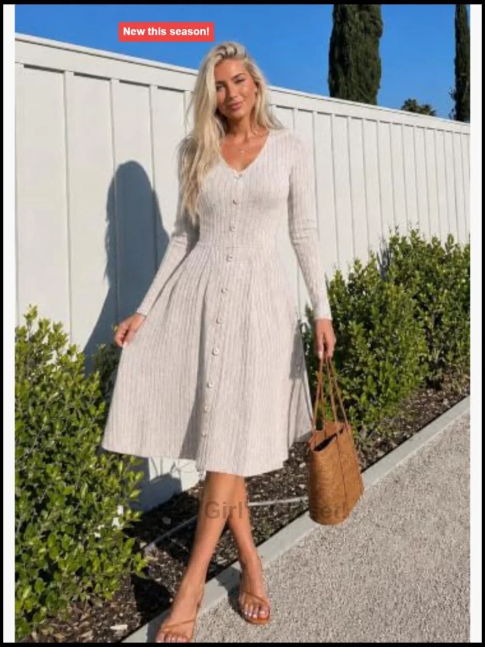 Long Sleeve V Neck Button Down A Line Swing Knit Sweater Dress Midi